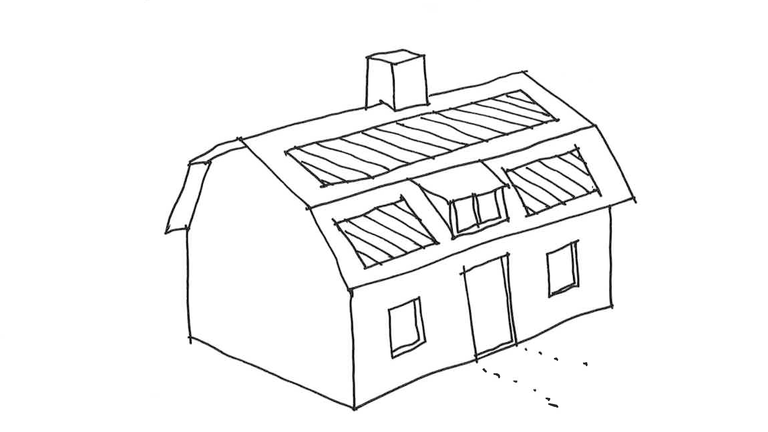 Illustration av solceller placerade på ett hus med brutet tak