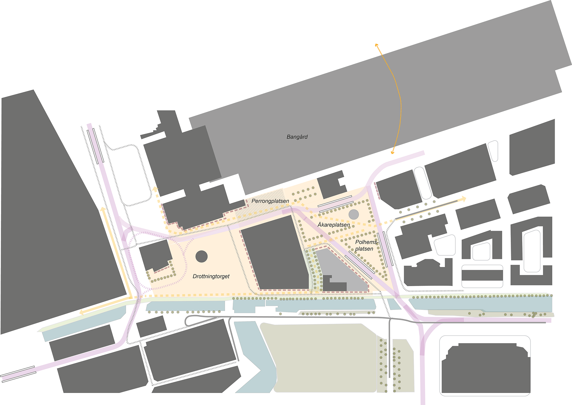 Karta över området Drottningtorget som visar hur spåret går i förslag triangel