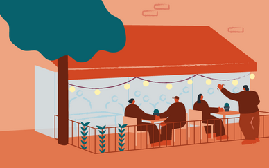 Illustration av uteservering där det sitter folk. En persons står på gatan och integrerar med person på uteserveringen. 