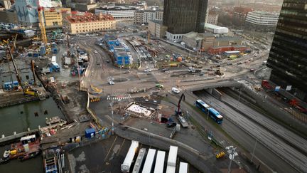 Flygbild över Järnvågsmotet med Götatunnelns ramper