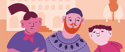 illustration av tre personer utanför en skola