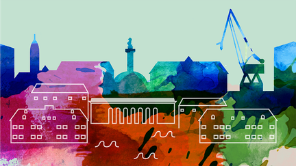 Illustration som föreställer Göteborgs stad i starka färger