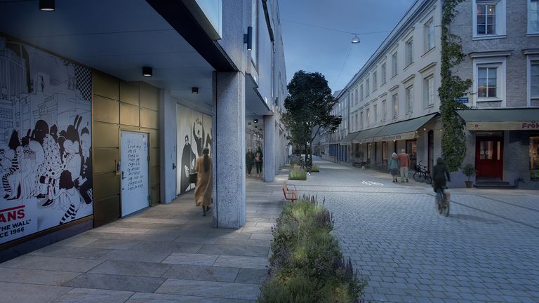 En visionsbild som visar Östra Larmgatan i riktning mot Drottningtorget. På bilden visas att gatan skulle kunna få ett ”golv” av slät sten från fasad till fasad, bredare gångstråk med platser att slå sig ner på.