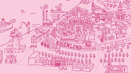 Rosa illustration av en vy över Rosenlund och Kungshöjd.