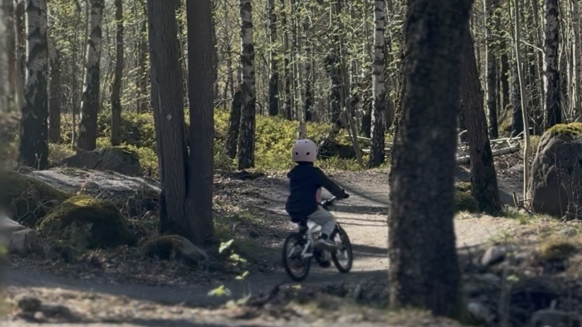 Pojke som cyklar i skogen