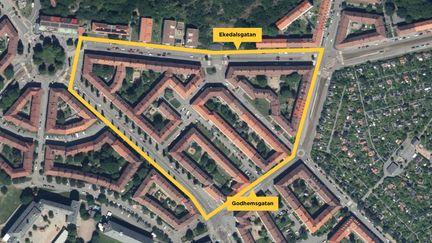 Karta som markerar ett område inom Godhemsgatan, Slottsskogsgatan/Ekedalsgatan och Kungsladugårdsgatan.