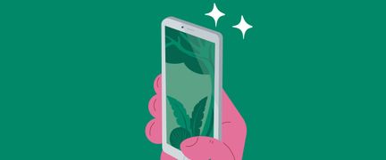 Illustration av en hand som håller en mobiltelefon.