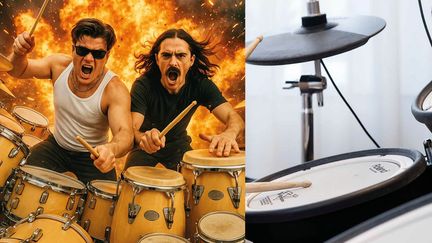 Trummisarna Axel Fagerberg och Noa Svensson spelar trummor med eldflammor i bakgrunden