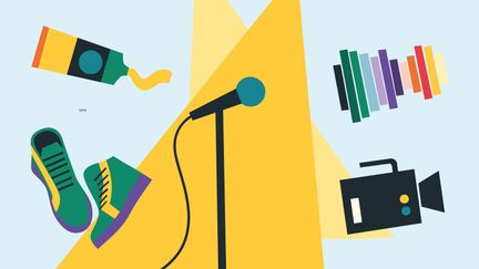 Illustration med en färgtub, ett par sneakers, en mikrofon, en filmkamera, scenljus och en färgrik ljudkurva.