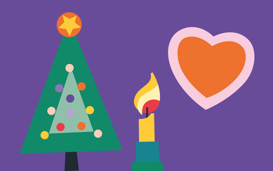 Illustration i många färger med en klädd gran, ett ljus och ett hjärta.