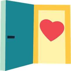 En illustrerad öppen, turkos dörr och innanför möts du av ett rött hjärta