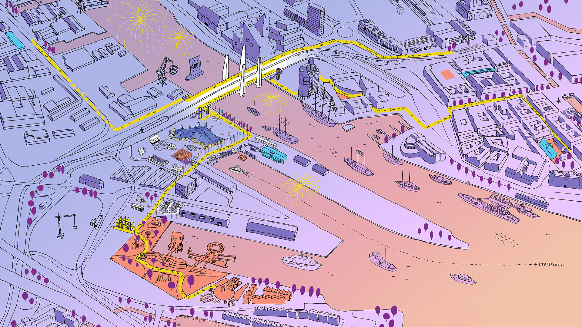 Illustration av en karta över centrala Göteborg.