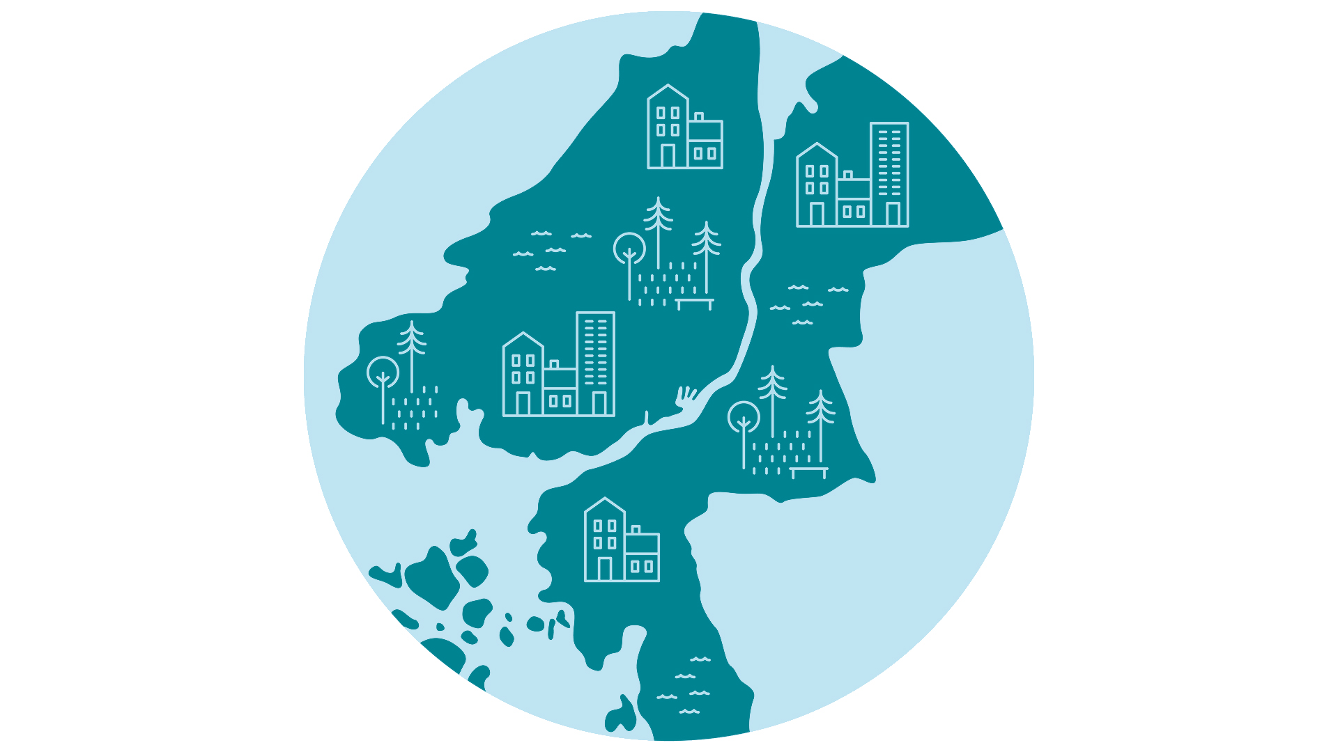 Illustration som visar karta med hus, parker och höghus på