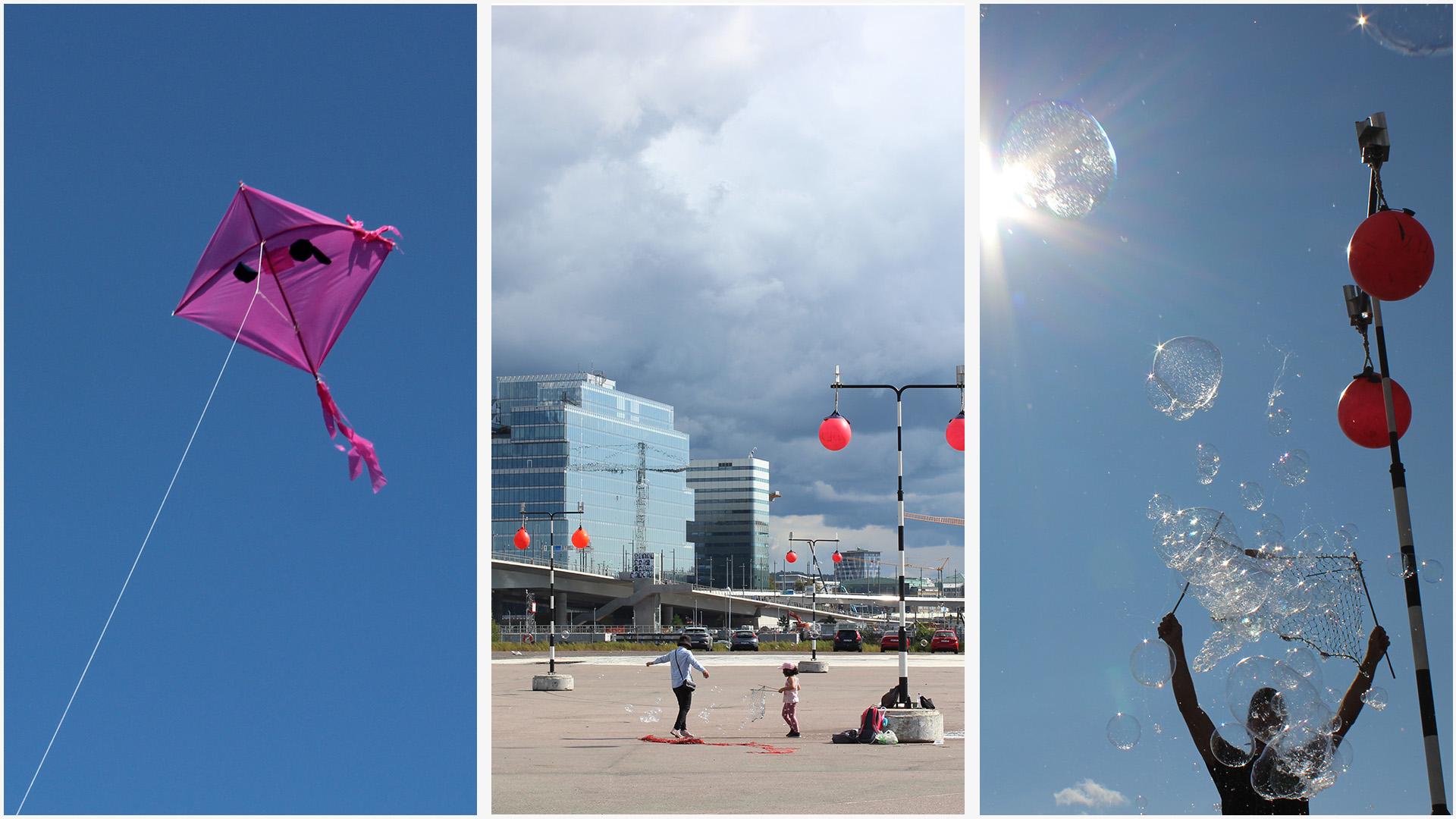 Kollage av tre bilder, en på en rosa drake flyger i en blå himmel, en på vindparken i Frihamnen med svartvitrandiga stolpar som det hänger röda flytbojar på och en på en person som håller upp ett fiskenät som det kommer såpbubblor ur.