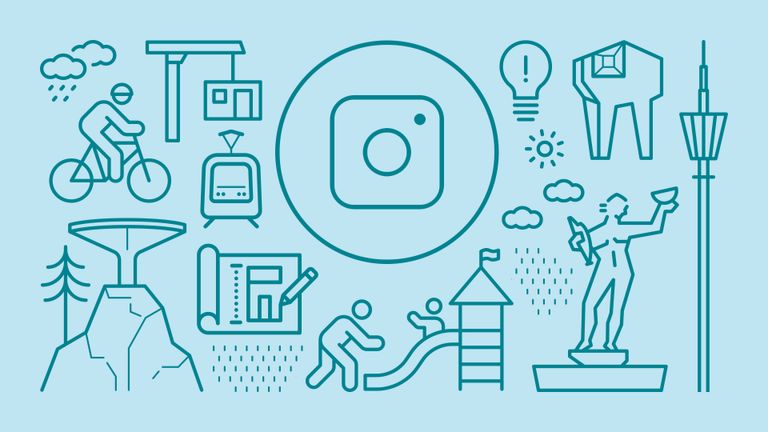 Illustration av Instagrams logga och olika ikoner för stadsutveckling
