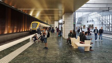 Visualisering av den nya underjordiska stationen Centralen i Göteborg. Människor väntar på perrongen, några sitter på bänkar, medan ett gult pendeltåg står vid plattformen. Ljusa tak och stora glaspartier släpper in dagsljus.