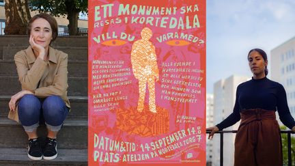 Två kvinnor i stadsmiljö, och en affish om informationsmöte.