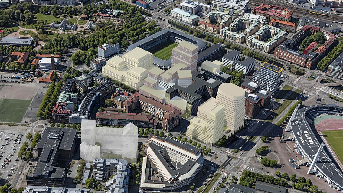 Flygbild som visar byggandet vid Smålandsgatan