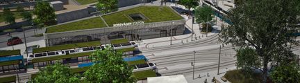 Visionsbild över Korsvägens ombyggnad. Området har en nybyggd station med grönt tak.