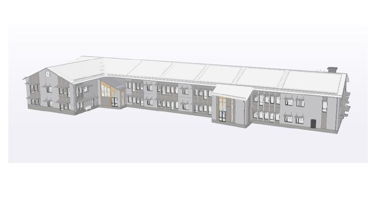 Visionsbild av Brunnsboskolans framsida. En grå byggnad med vitt tak.