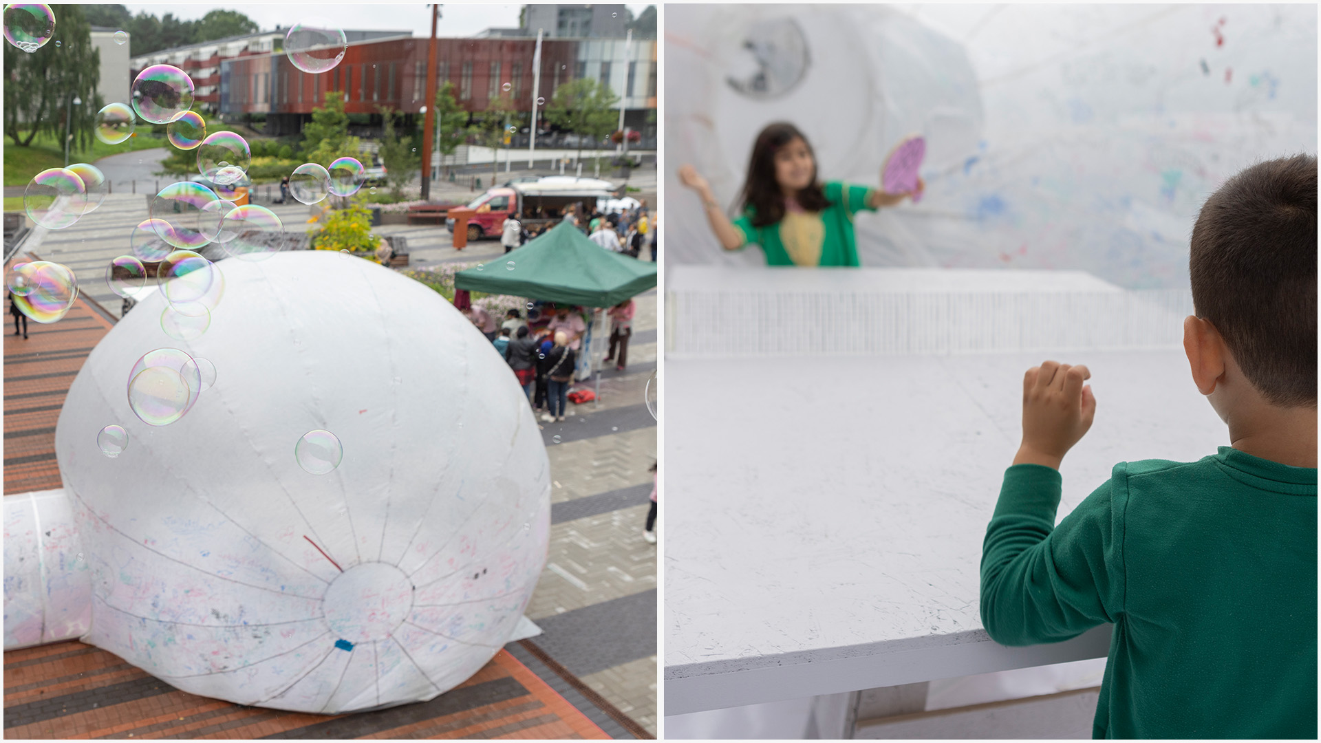 Kollage av två bilder, en på den uppblåsbara bubblan The Great Escape med folk under ett tält i bakgrunden och en på två barn som spelar pingis i ett vitt tygklätt rum