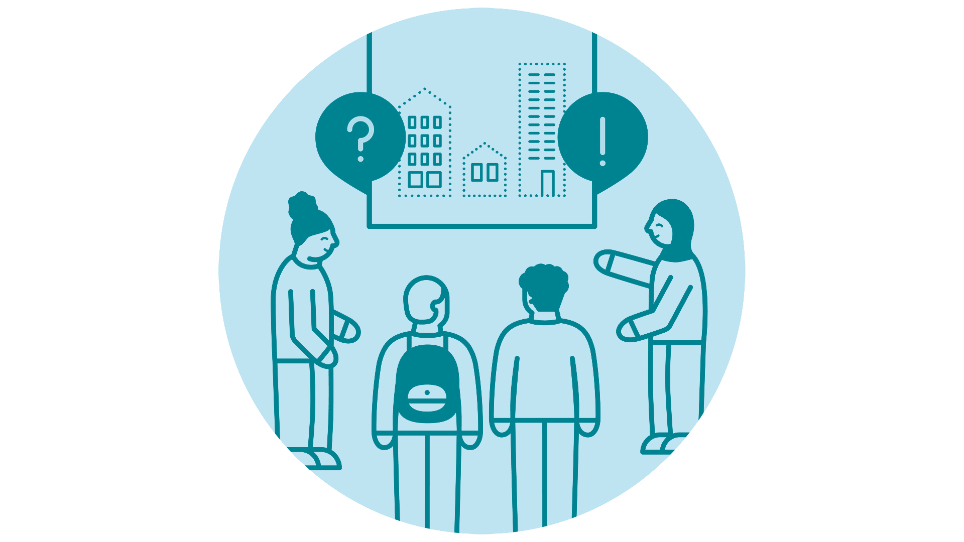 Illustration med flera personer som vill tycka till om ett stadsutvecklingsområde