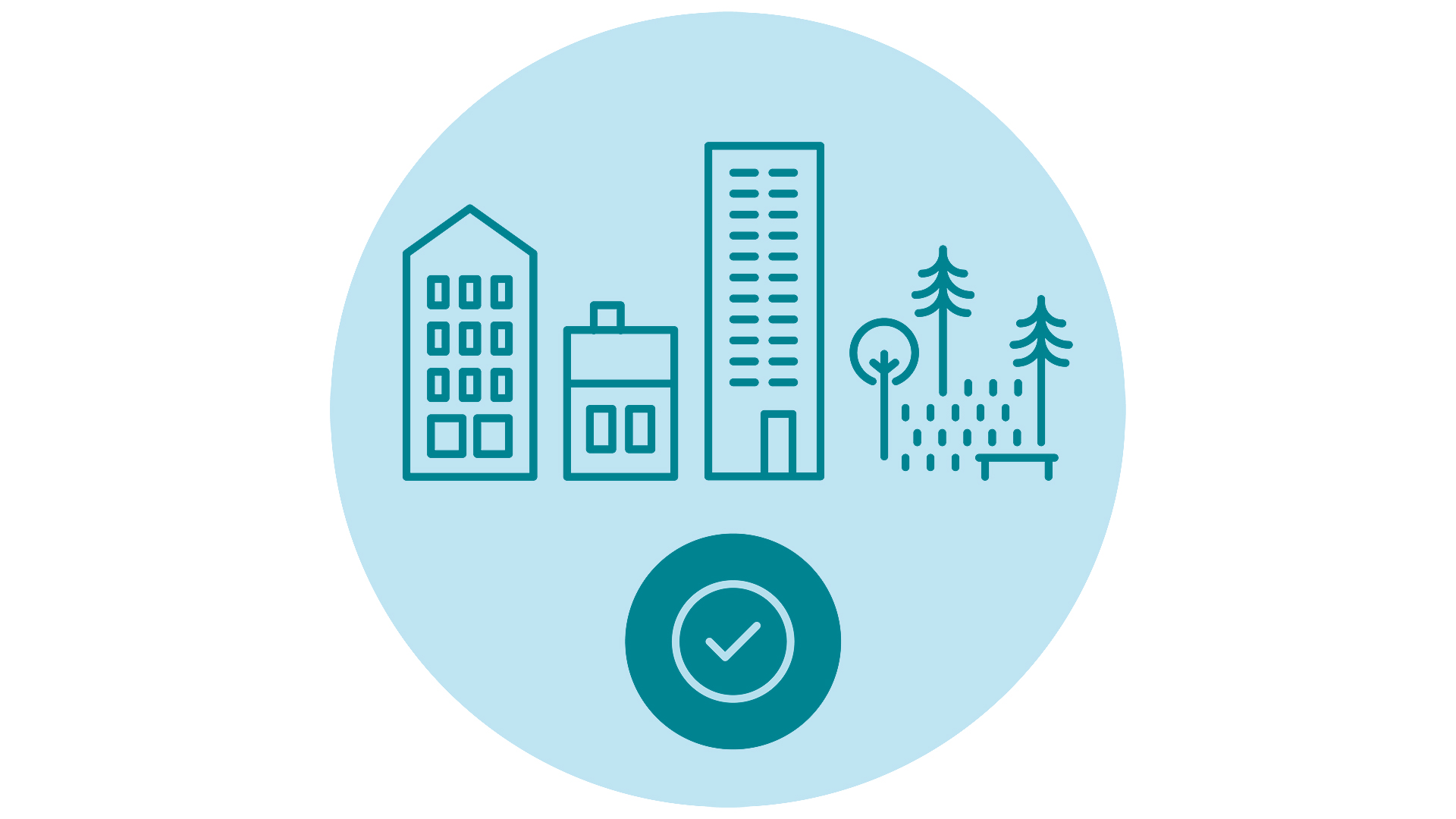 Illustration som visar att husen är färdigbyggda och är klara att förvaltas 