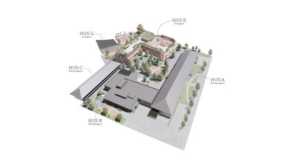 Tredimensionell skiss av en röd tegelbyggnad i anslutning till äldre byggnader, sedd lite från ovan.
