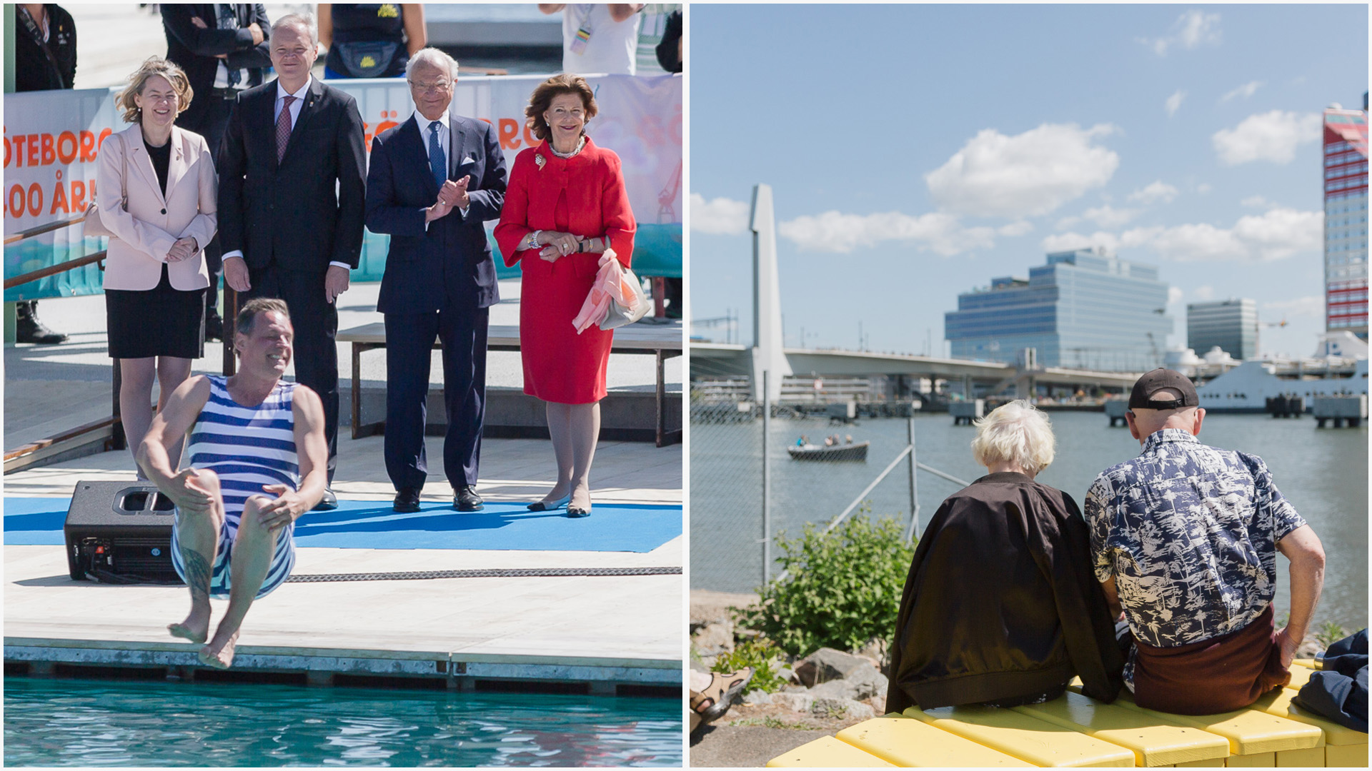 Ett kollage av två bilder, en på när en person hoppar ner i en pool framför Kungen och Drottningen och en på några som sitter på en gul bänk med blicken mot kanalen.