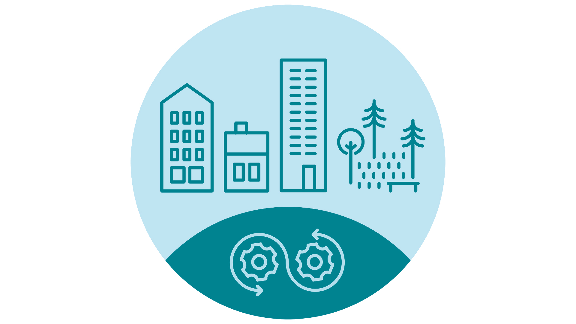 Illustration som visar färdigbyggda hus som är klara att lämnas över till förvaltning av någon byggintressent eller Göteborgs stad