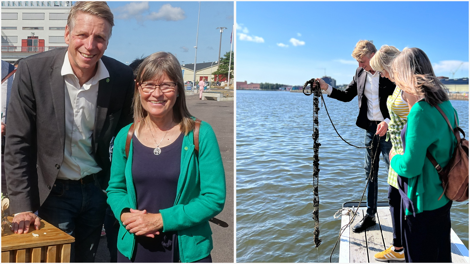 Kollage av två bilder, en porträttbild av Per Bolund och Karin Pleijel och en bild på när de kollar på en del av havsodlingen ute på kolonilotten.