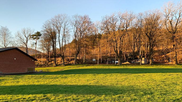 Gräsmatta i Kvibergs Park, där det ska byggas en utomhusscen.