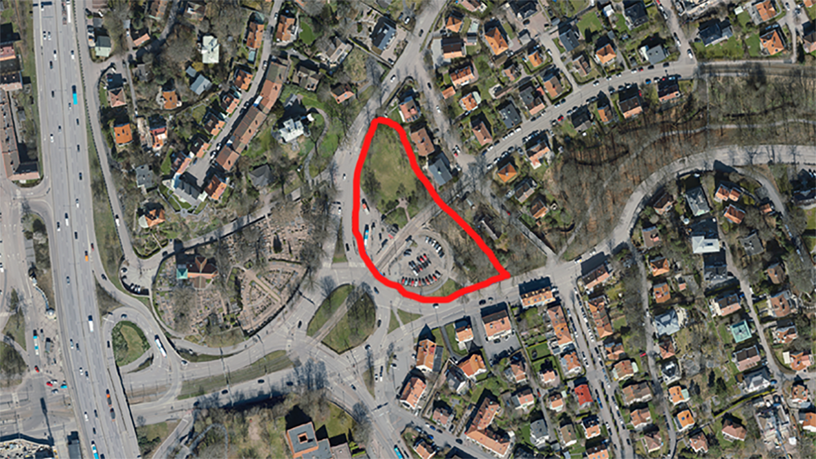 Flygbild &ouml;ver omr&aring;det och en inringning av planomr&aring;det