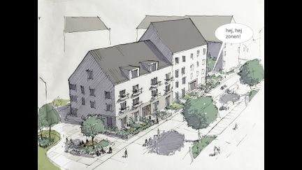 Skiss av bostadshus med vit fasad och grått tak.