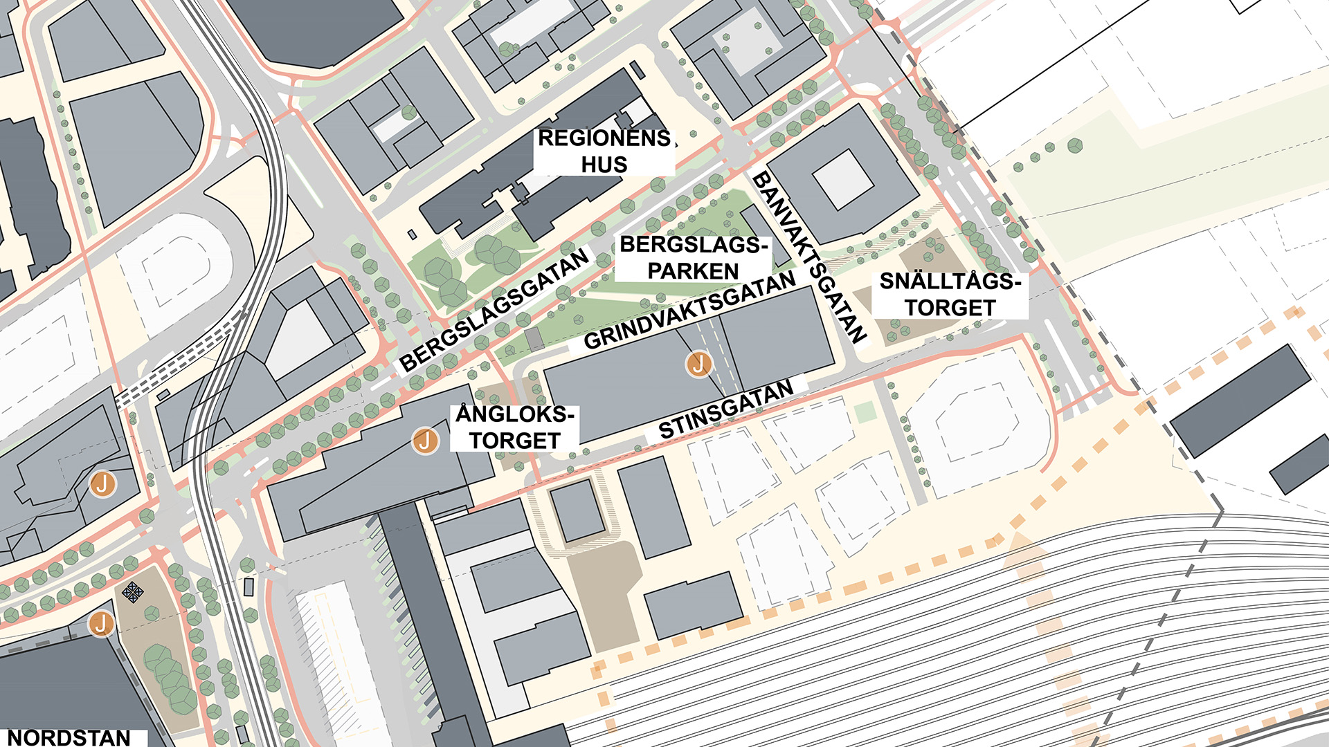 Illustrationskarta över två nya parker i centralenområdet, Stinstorget och Ånglokstorget