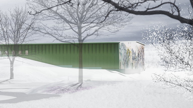 En grön byggnad med en väggmålning i ett vinterlandskap.