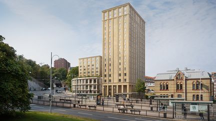 Visionsbild över en hög byggnad och två lägre
