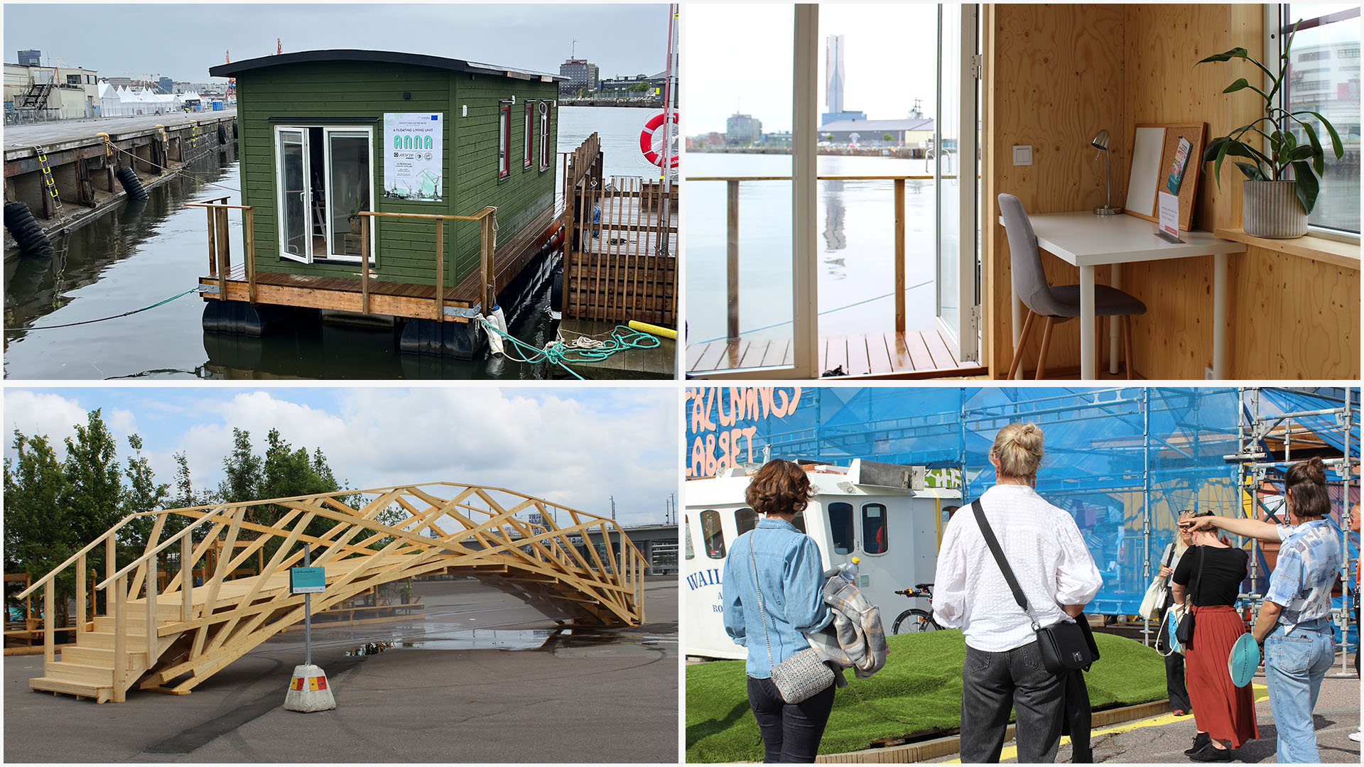 Kollage av fyra bilder: en på en grön husbåt i en hamn, en på en kontorsplats vid en dörr ut mot vattnet, en på en träbro som står på asfalt och en på en grupp människor varav en pekar mot en grön bubblig yta.