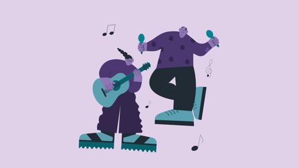 Två tecknade personer spelar musik.