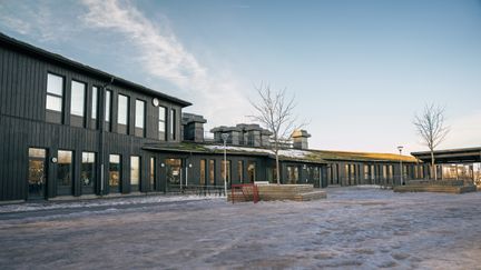 Skogomeskolan med en bänk och ett innebandymål i bakgrunden.