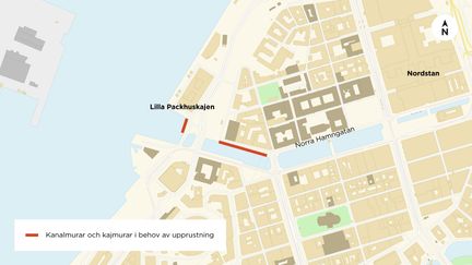 Karta över områdena Norra Hamngatan och Lilla Packhuskajen som ingår i delsträcka 1.