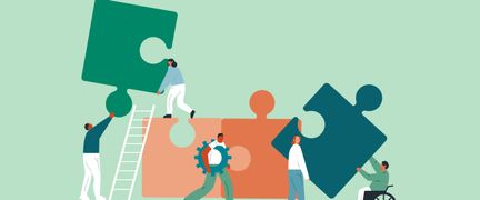  Personer som lyfter och flyttar pusselbitar.