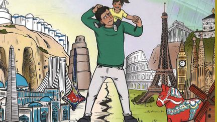 Illustration av pappa som står med en fot vardera i olika länder. Av Yvette Gustafson.