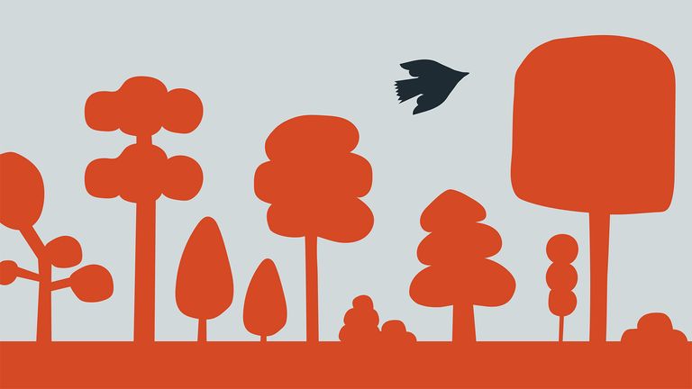 Illustration av naturlandskap med buskar, träd och en fågel.