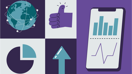 Illustration på jordglob, tumme upp och statistik. 