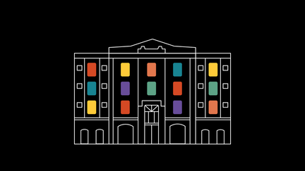 Illustration som visar ett hus med fönster i regnbågens färger.