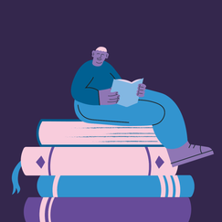 En person sitter på fyra stora böcker och läser en bok.