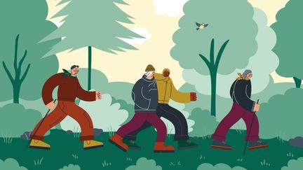 Illustration där människor promenerar i skogen.