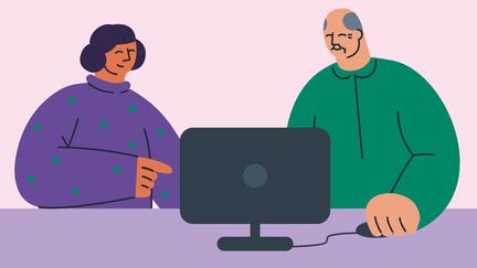 Illustration där två personer sitter framför en dator.