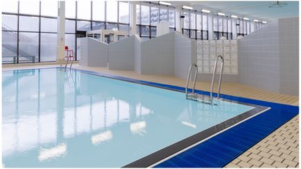 Grundare bassäng med två stegar ner i vardera hörn.